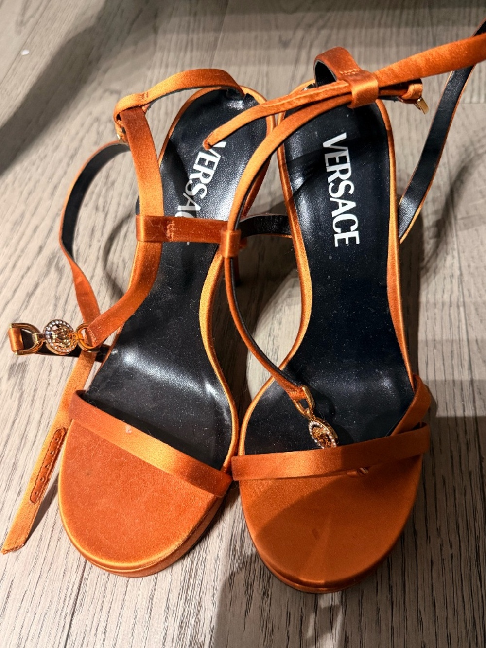 Versace Medusa Orange Satin Strappy Heels Size 37.5 – Made in Italy